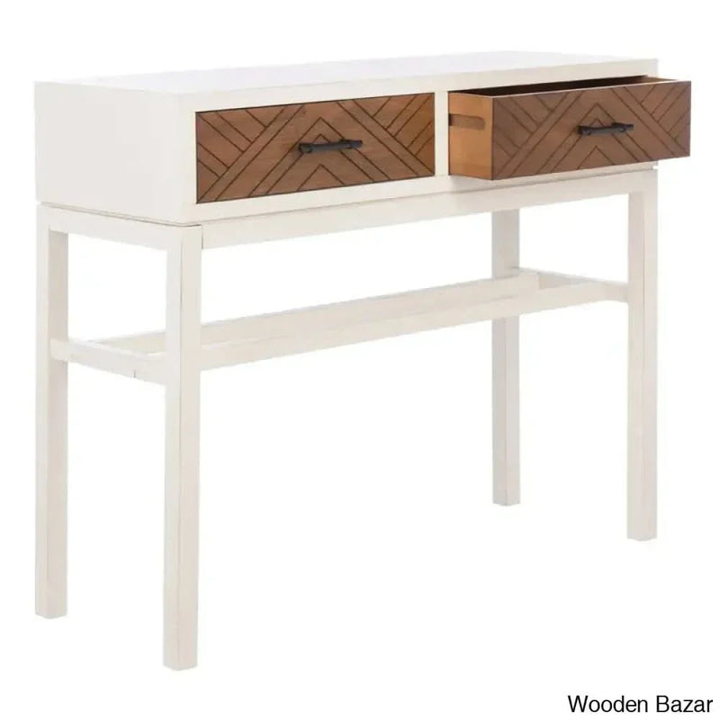 Alayssa Console Table in white and walnut drawers