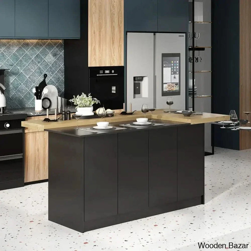 Arvene 77.3'' Kitchen Island with Manufactured Wood Top Kitchen trolley cart cabinet kitchen island with storage