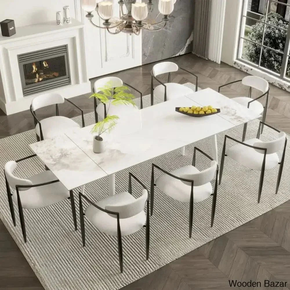 Barric Sintered Stone Table With 8 Luxurious Fabric Chairs - Wooden Empiro Chanel