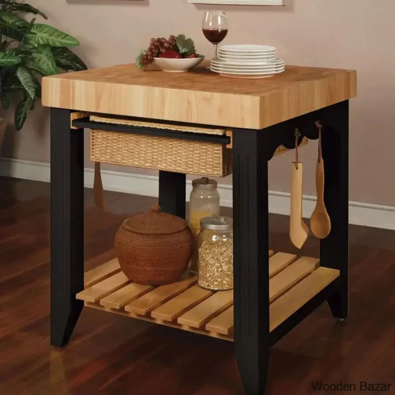 Behling Solid Butcher Block Kitchen Island with Baskets and Storage Shelf Kitchen trolley cart cabinet kitchen island with storage