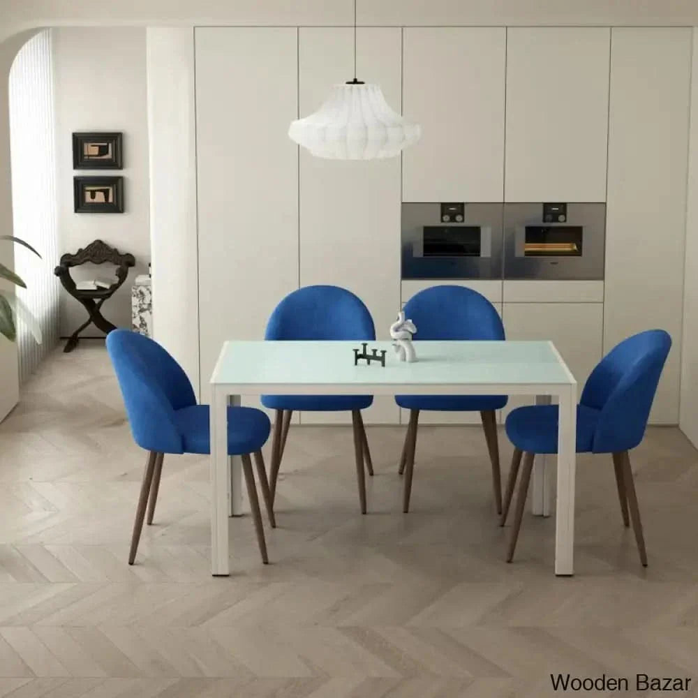 Blaan 4 Seater Glass Top Dining Set - Wooden Empiro Blue/ White