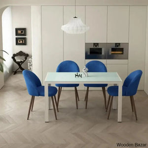 Blaan 4 Seater Glass Top Dining Set - Wooden Empiro Blue/ White
