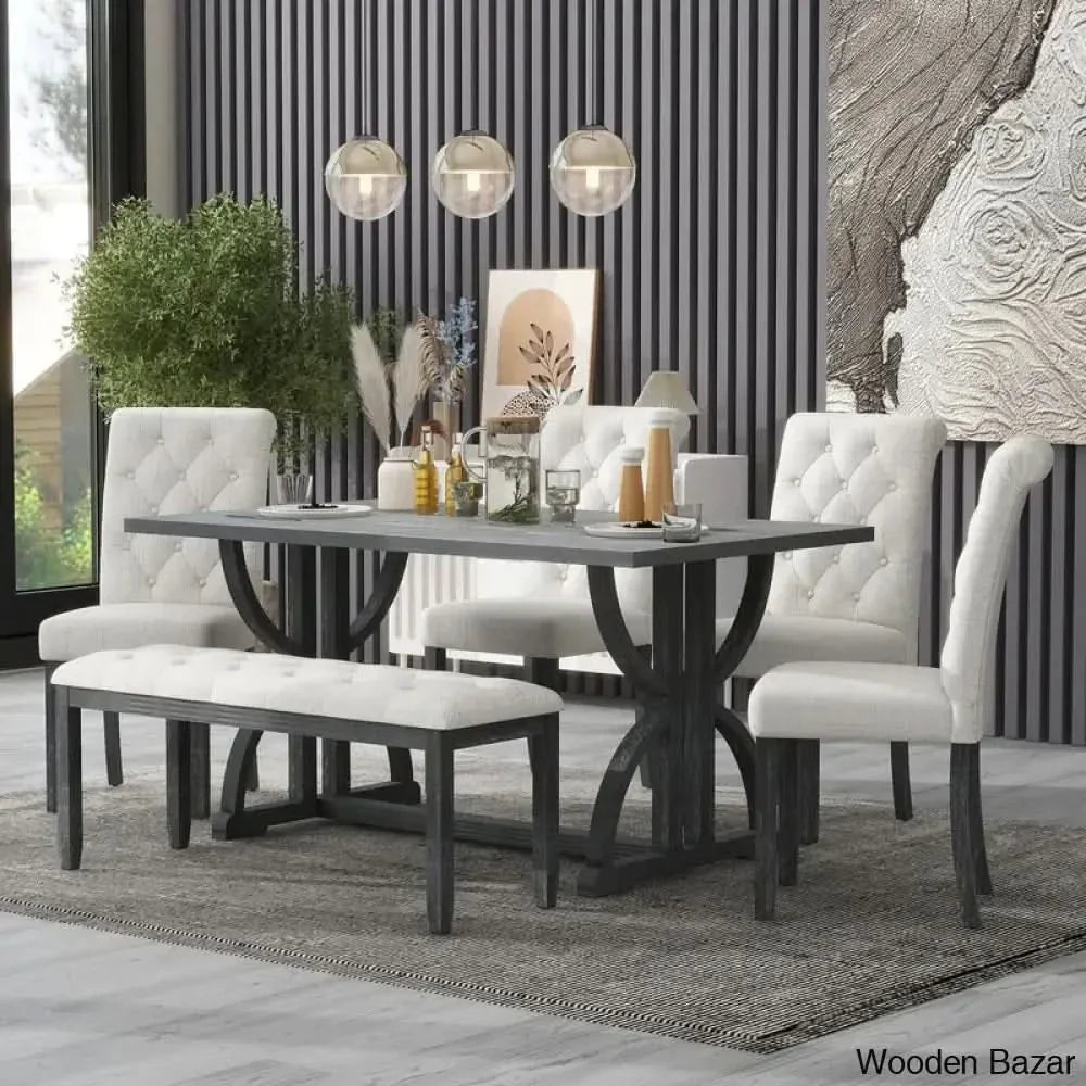 Burdette New 6 Seater Trestle Dining Set - Wooden Empiro Gray Wash