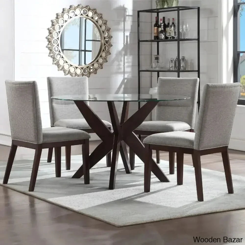 Caron 4 Seater Glass Top Pedestal Dining Set - Wooden Empiro Walnut Brown