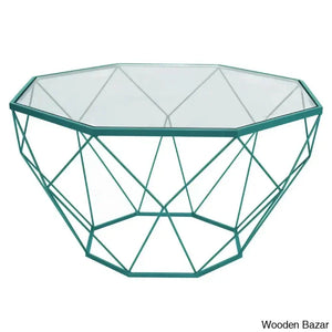 Chendan Octagon Glass Top Coffee And Center Table With Geometric Base Blue