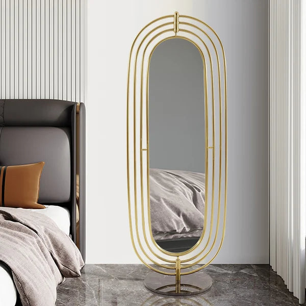 Klein Oval Decorative Full Length Standing Floor Mirror Decor in Gold with Marble Base