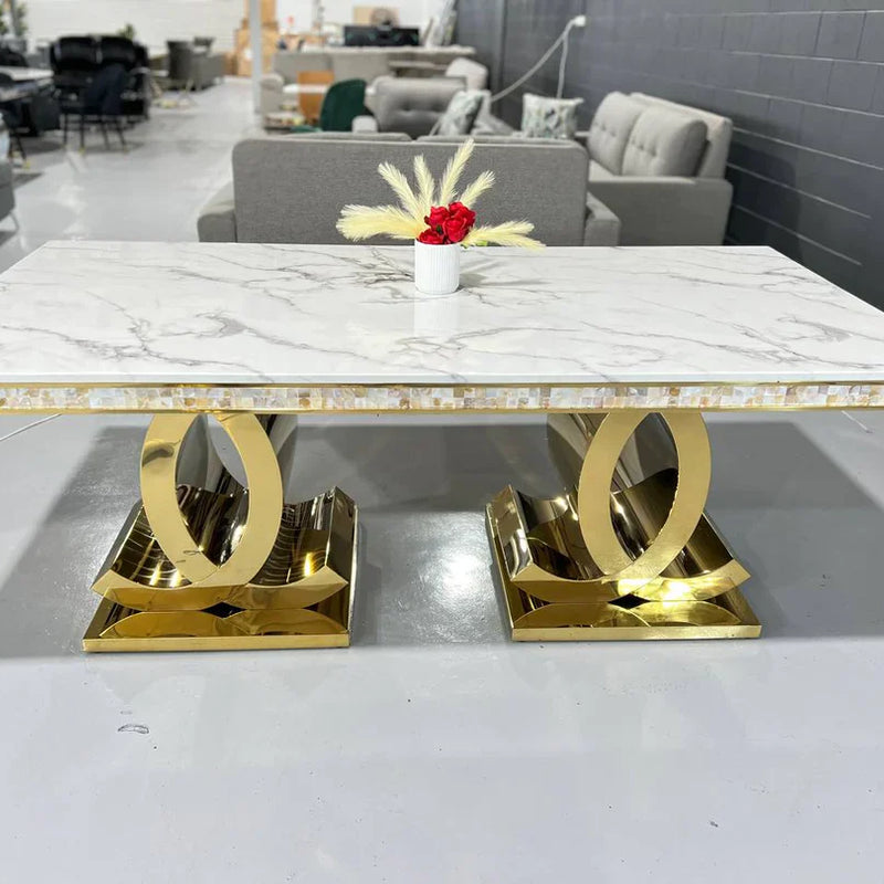 Zora Luxurious Gold Stainless Steel Dining Table with Marble Countertop
