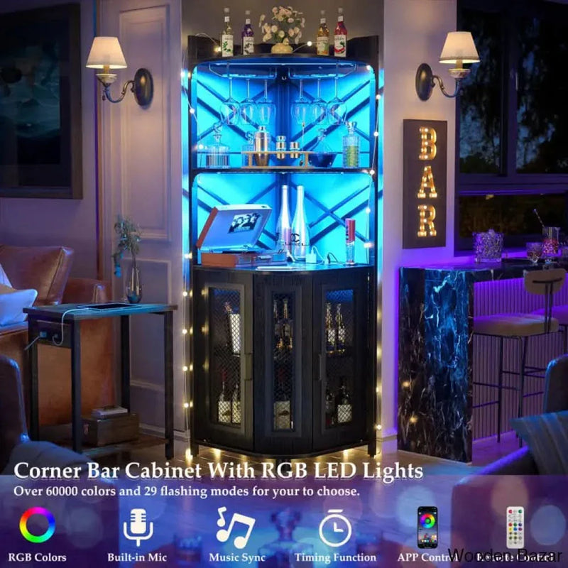 Glorimar 64.2 ”Height, 25.6''Width Conner Bar Cabinet with Wine Storage and Led Strip new version