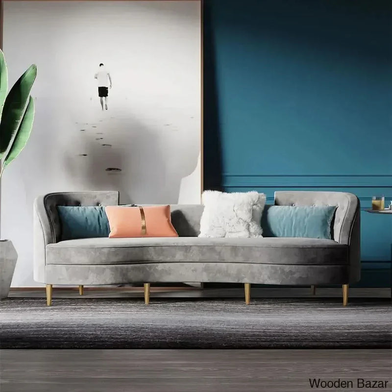 Gray Velvet 4-Seater Sofa with Gold Legs & Solid Wood Frame