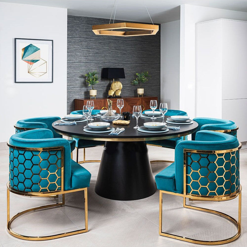 Highborn luxurious Honeycomb round dining table featuring a marble top and a stainless steel base.