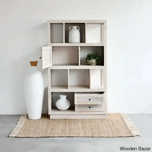 Herve Solid Wood Rectangular Bookshelf With Doors & 2 Drawer Storage White