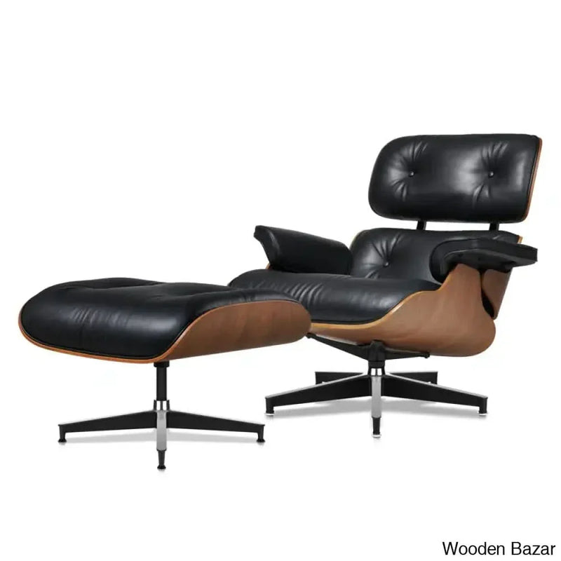 Iene Eames Iene Tufted 100% Full Grain Genuine Leather Swivel Lounge Chair and Ottoman