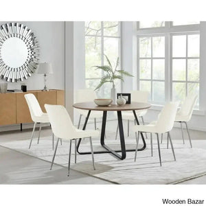 Industrial Chic Round Wood-Effect Dining Table Set With 6 Luxe Velvet Upholstered Chairs Cream /