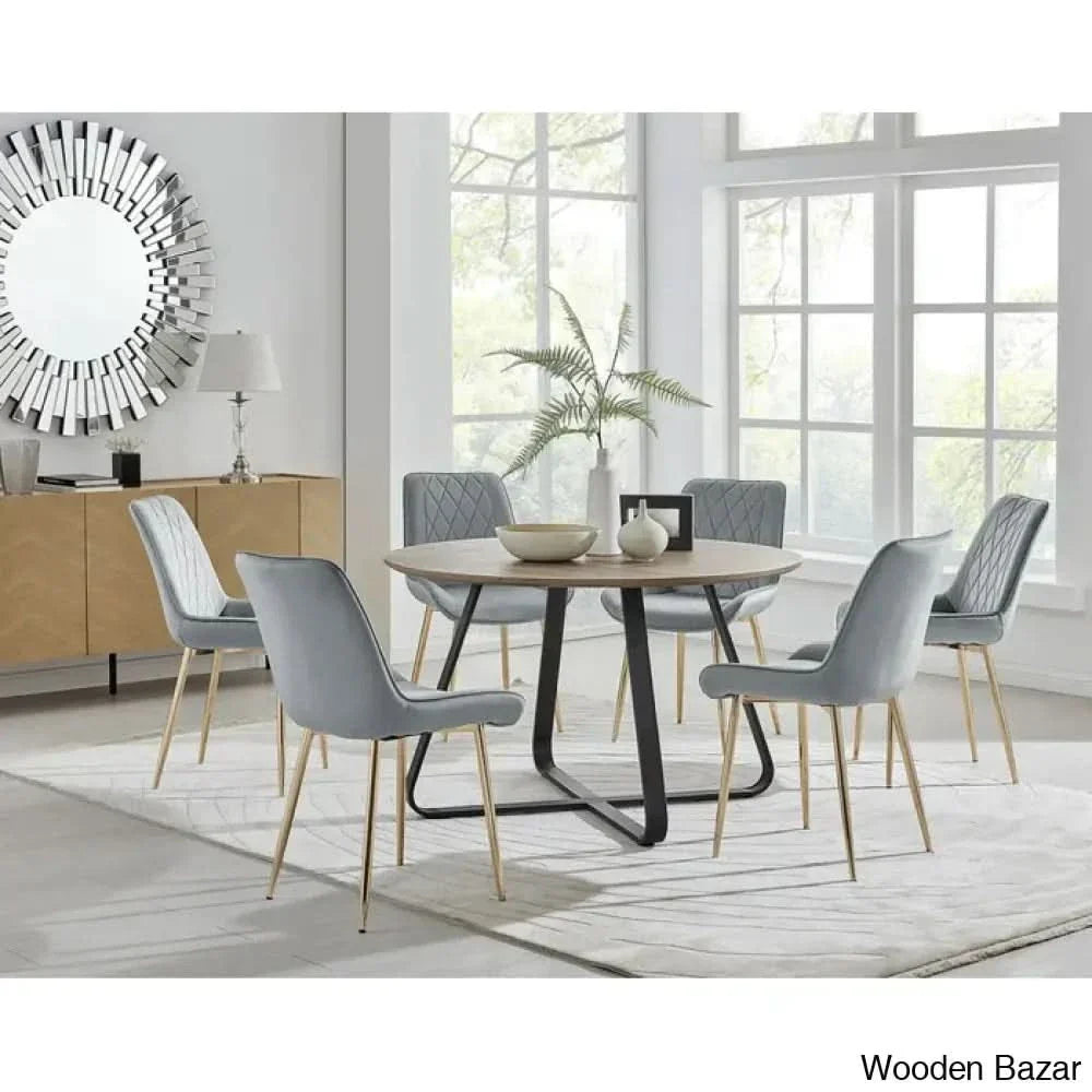 Industrial Chic Round Wood-Effect Dining Table Set With 6 Luxe Velvet Upholstered Chairs Gray / Gold