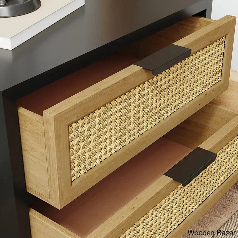 Industrial Wood Bedside table Nightstand Rattan Woven Nightstand with 2 Drawers Storage for Bedroom