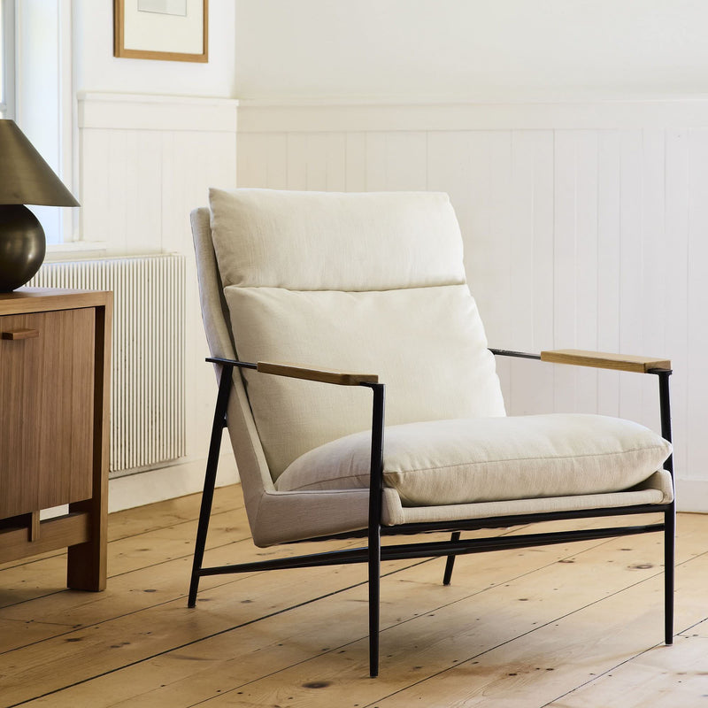 Lein Modern Lounge Chair in Cream Upholstery with Black Metal Frame & Wooden Armrests