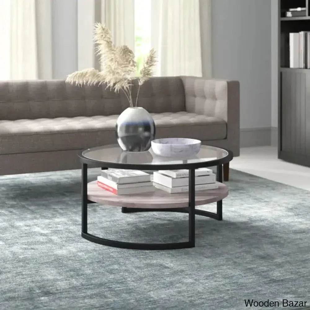 Lindsaie Glass Top Coffee And Center Table Blackened Bronze/Gray Oak