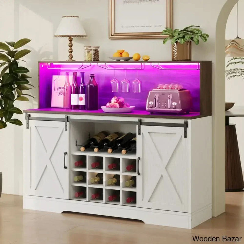 Lochlan Farmhouse 55" Wine Coffee Bar Cabinet w/LED Lights, Sliding Barn Door, Wine & Glass Rack New Ddesign