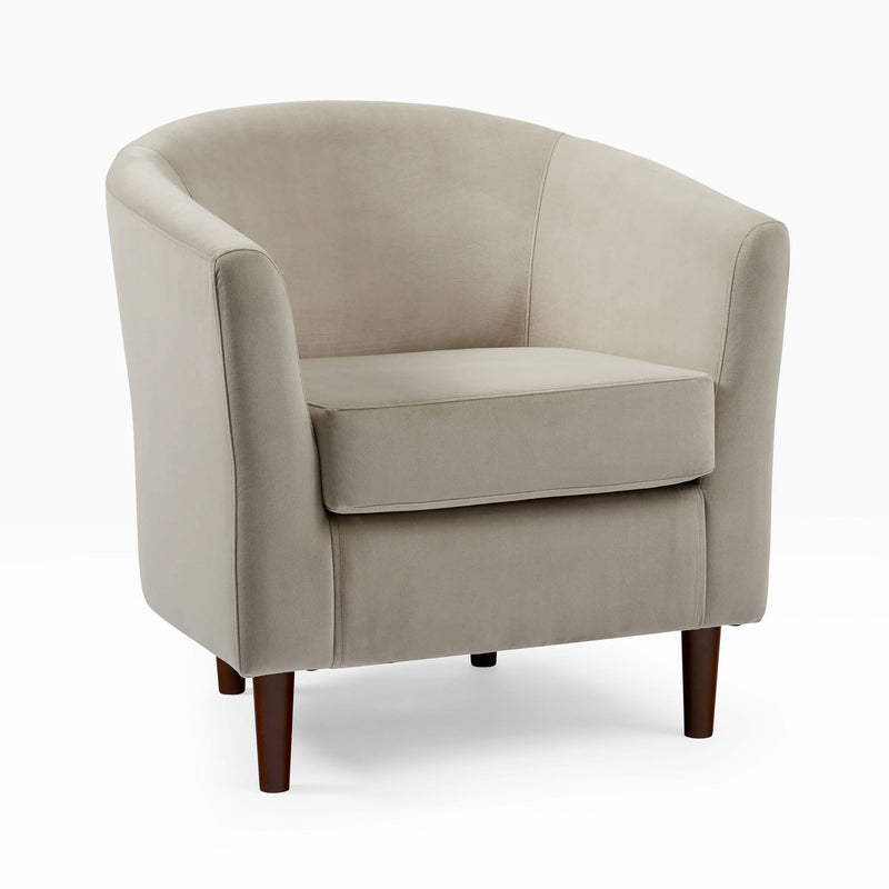 Naizun Barrel Accent Chair in Soft Taupe Upholstery with Tapered Wooden Legs - Wooden Empiro