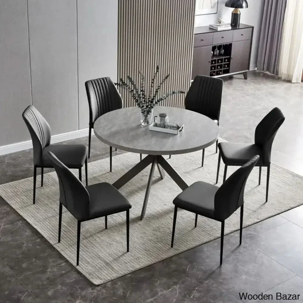 Modern Round Dining Table Set | Space-Saving Leisure Coffee With 6 Chairs Black