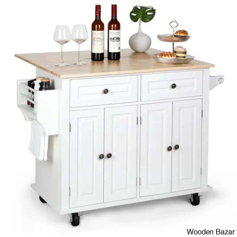 Nikayia 43.3"W Solid Wood Kitchen Island with Drop Leaf Kitchen trolley cart cabinet kitchen island with storage