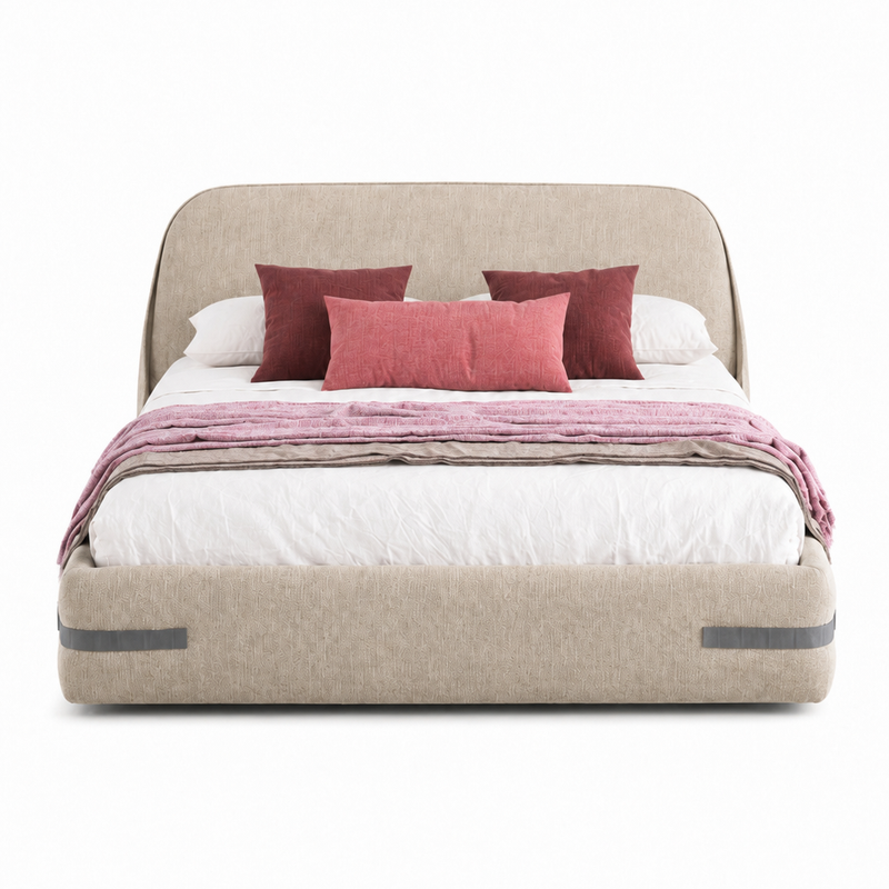 The Norvella Bed — Luxury Curved Upholstered Bed with Signature Strap Detailing