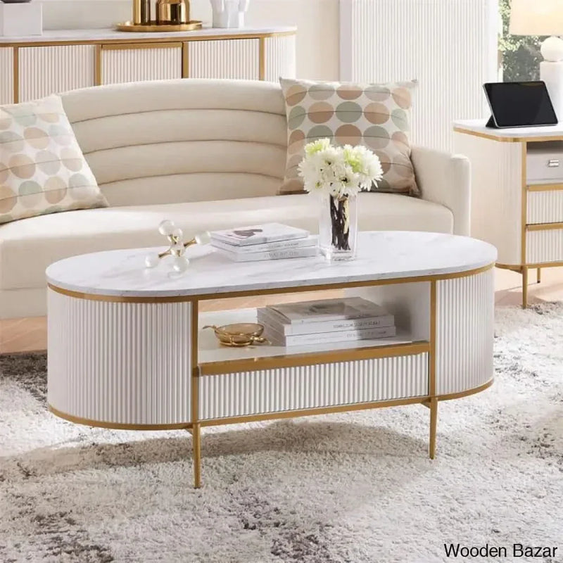 Roseelleny 48''L Oval Coffee and Center Table with Storage, Sliding Drawer, Open Shelf