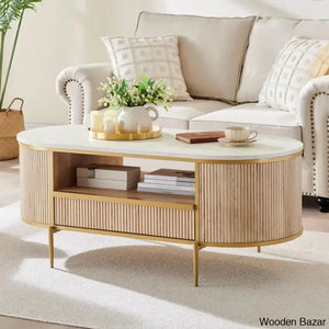 Roseelleny 48’’L Oval Coffee And Center Table With Storage Sliding Drawer Open Shelf Cream Marble