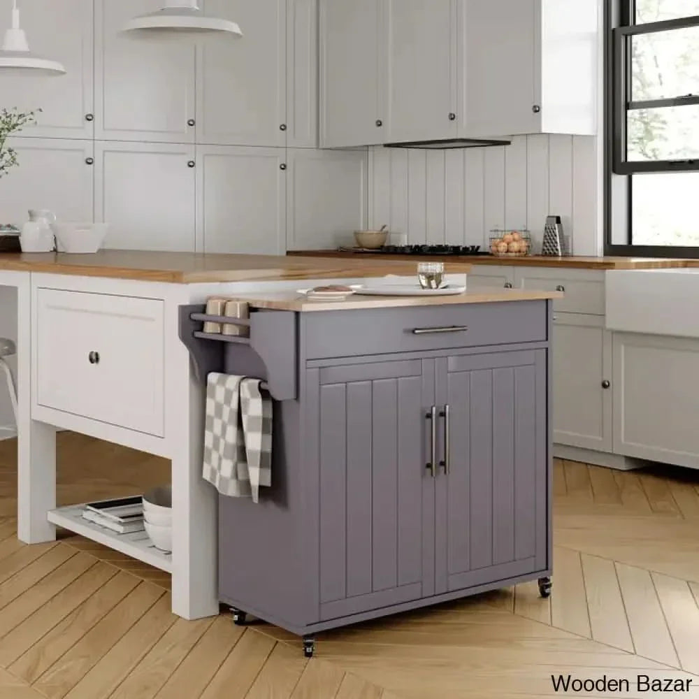 Solid Wood Top Kitchen Island Trolley Cart Cabinet Kitchen Island With Storage Gray