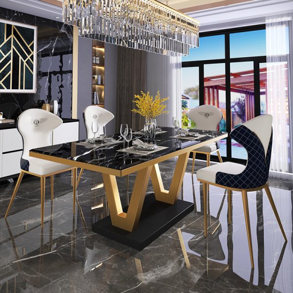 Phoenix Luxury V-Shaped Modern Dining Table with Natural Marble Top and Designer Chairs