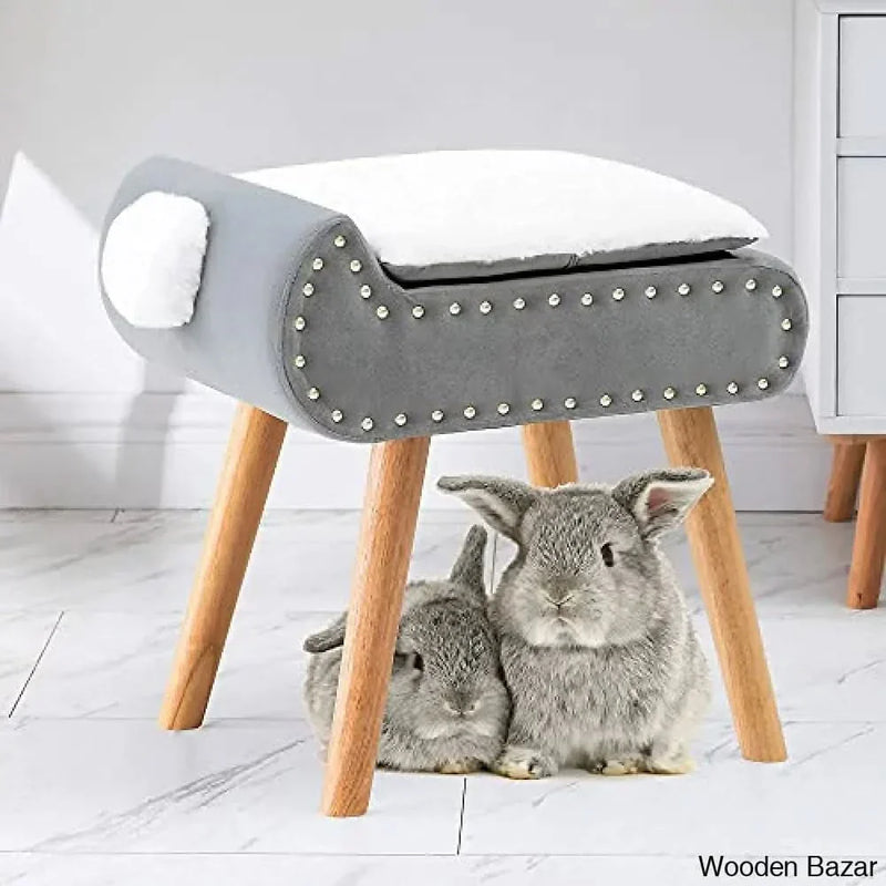 Velvet Cushioned Modern Storage Faux Fur Square Vanity/Makeup Dressing Stool with Wood Legs