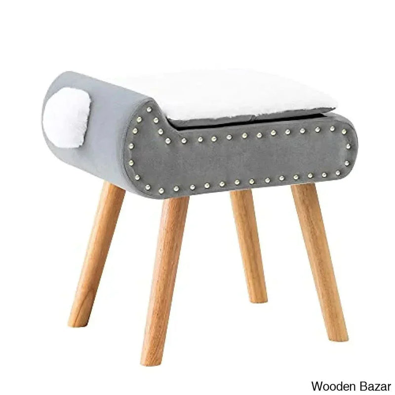 Velvet Cushioned Modern Storage Faux Fur Square Vanity/Makeup Dressing Stool with Wood Legs