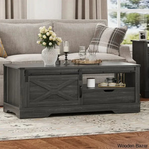 Versaviah 47’’ Farmhouse Coffee And Center Table With Drawer Barn Door Dark Gray