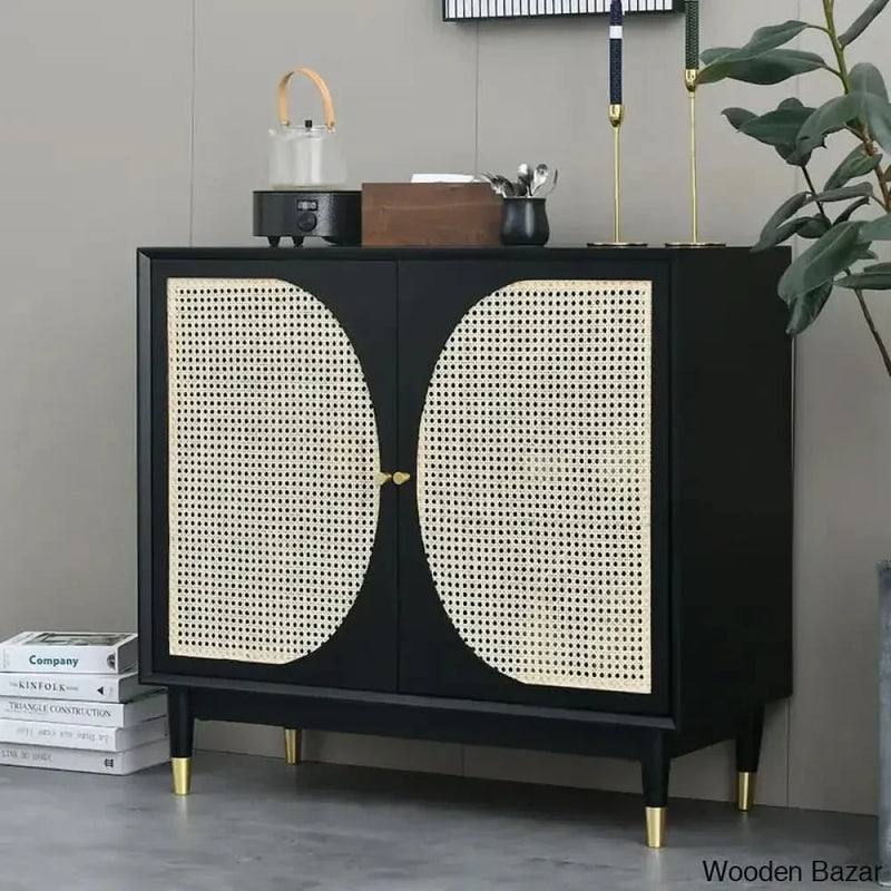 Wooden Empiro Black Rattan Accent Cabinet 2-Door Sideboard Buffet with Adjustable Shelves