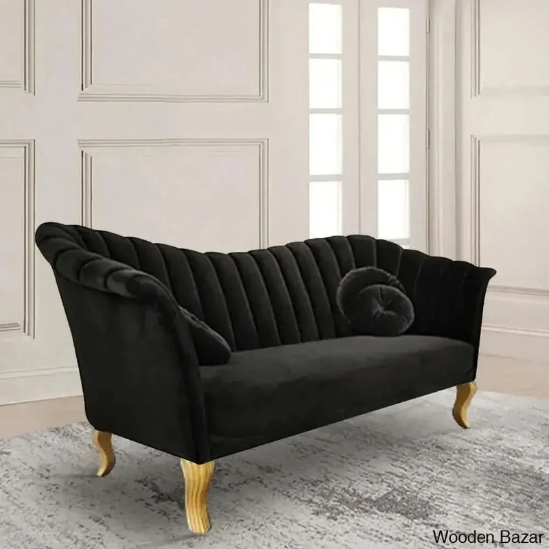 Wooden Bazar Black Velvet Upholstered Sofa Channel Tufted 3-Seater Sofa in Gold