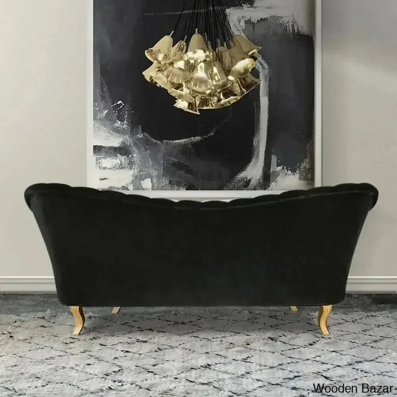 Wooden Bazar Black Velvet Upholstered Sofa Channel Tufted 3-Seater Sofa in Gold