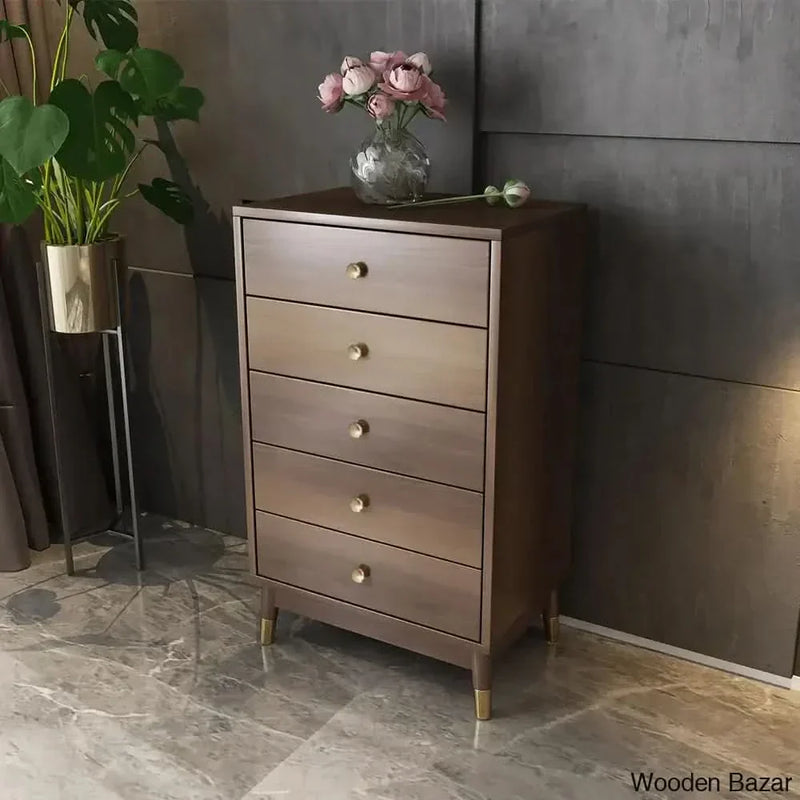 Wooden Empiro Chest Cabinet with 5 Drawers of Manufactured Wood in Walnut