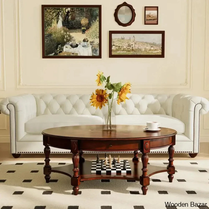 Wooden Empiro Chowning 45"W Oval Cocktail Table Coffee Table With Drawers and Shelf