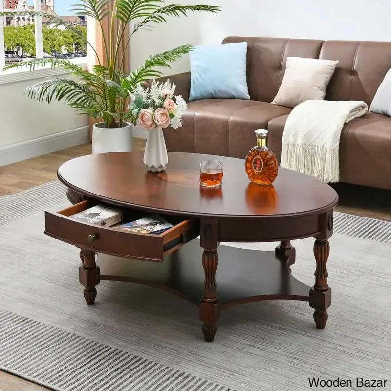 Wooden Empiro Chowning 45"W Oval Cocktail Table Coffee Table With Drawers and Shelf