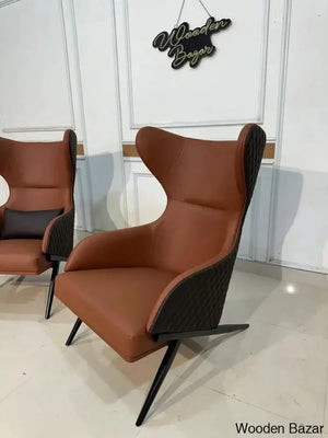 Wooden Empiro Faux Leather Wingback Lounge Chair With Gold Trestle Base Light Brown And Dark