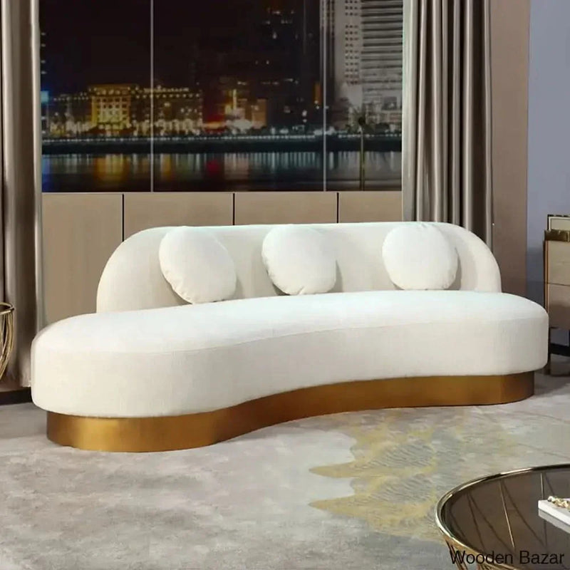 Wooden Bazar & Gold Velvet Curved Sofa for 3 Seaters with Pillows & Stainless Steel Base