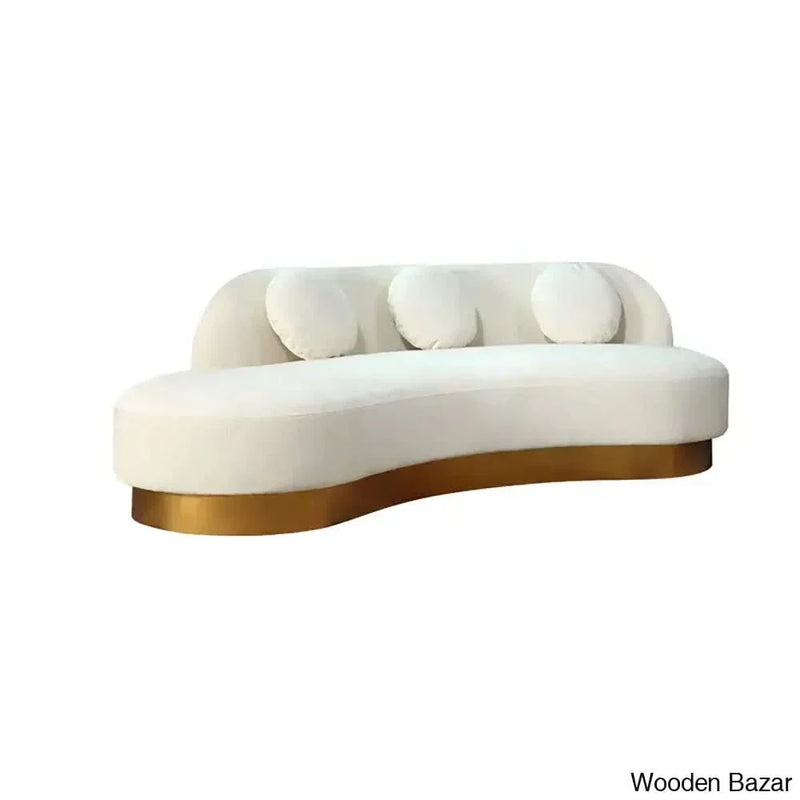 Wooden Bazar & Gold Velvet Curved Sofa for 3 Seaters with Pillows & Stainless Steel Base