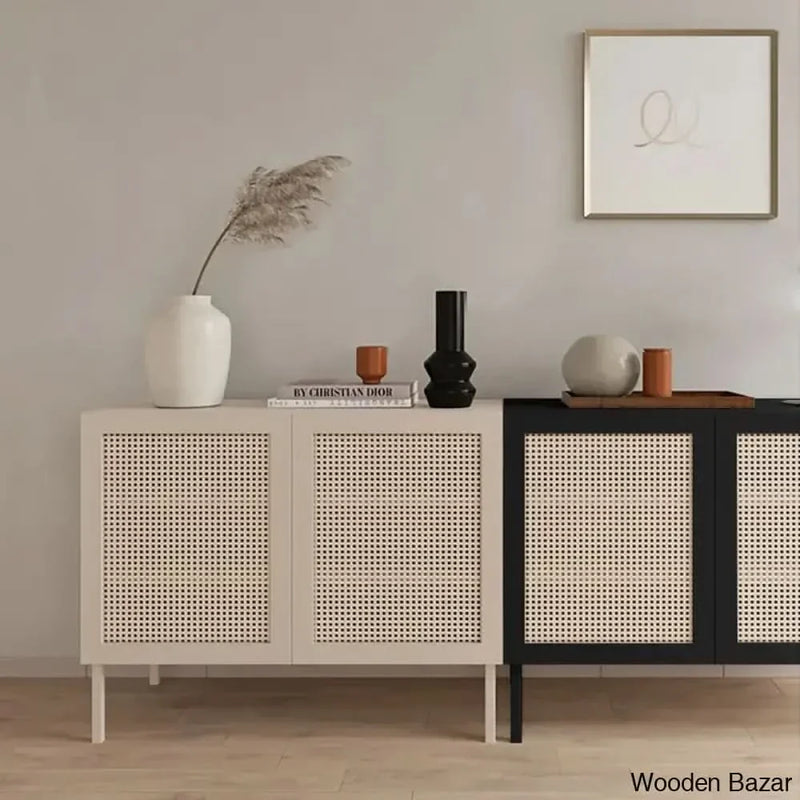 Wooden Empiro Nordic Beige Cabinet with 2 Doors 2 Shelves Rattan Woven