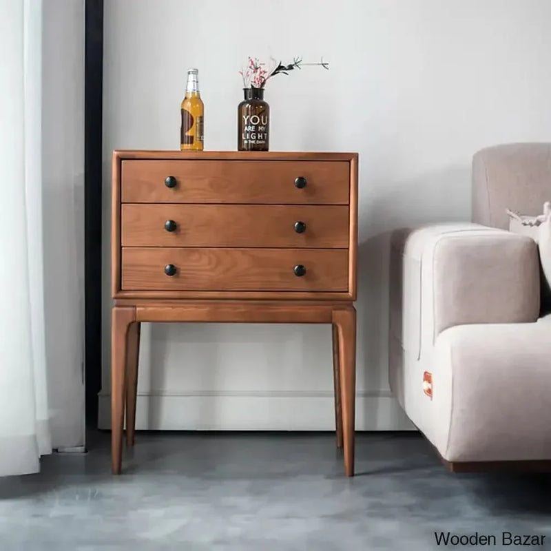Wooden Empiro Tanic Mid Century Modern Chest Cabinet with Storage 3 Drawers of Ash Wood in Walnut