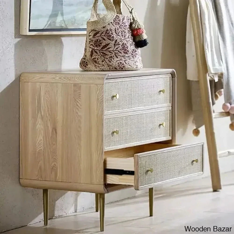 Wooden Empiro Tural Mid-Century Modern Natural Cabinet 3-Drawer Chest Rattan Woven in Gold