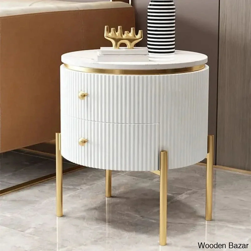 Yelly Modern Round End Table With Storage Drawers White Faux Marble Side Table Gold Legs - Wooden Empiro
