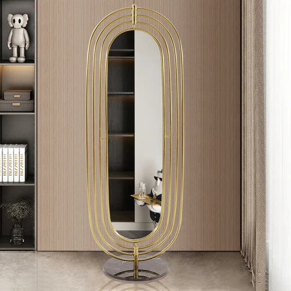 Klein Oval Decorative Full Length Standing Floor Mirror Decor in Gold with Marble Base
