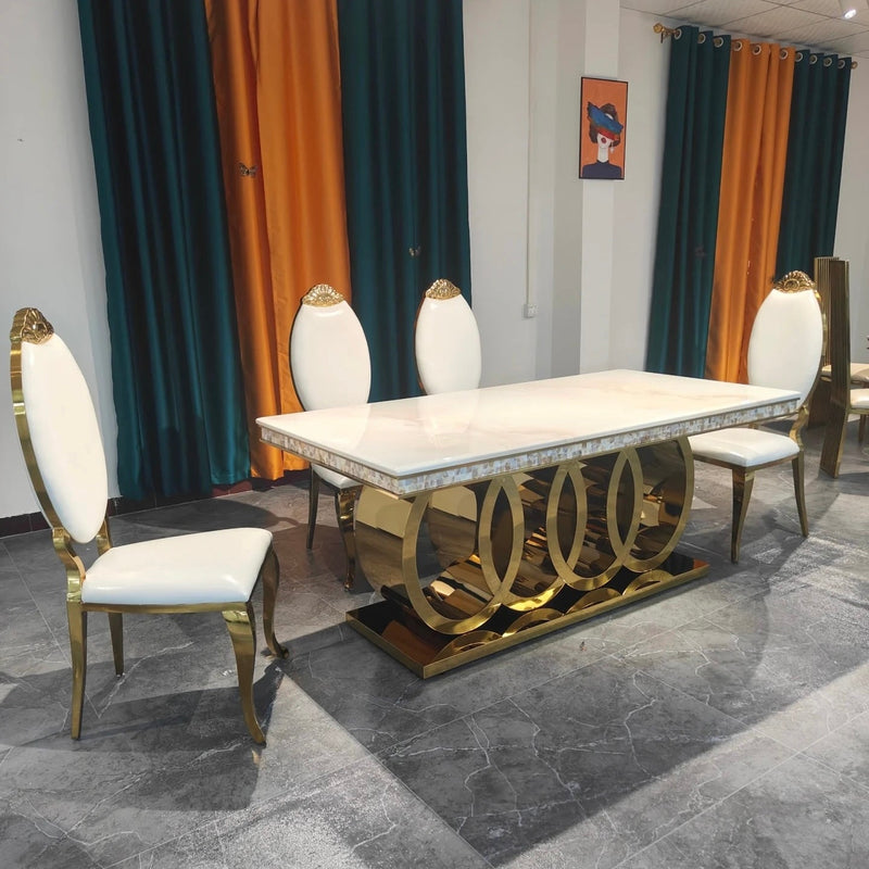 Zephyr Luxurious Gold Stainless Steel Dining Table with Marble Countertop for European Villa-style Large Dining Rooms