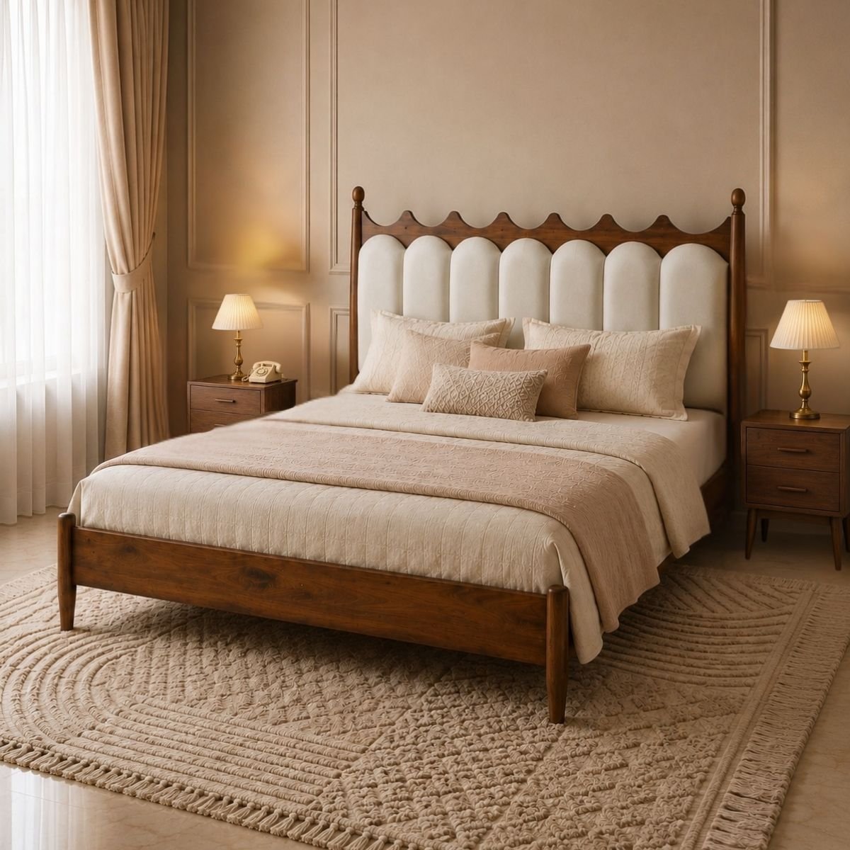Ellora 100% Solid Wood Upholstered Bed - Beds - Gharaana