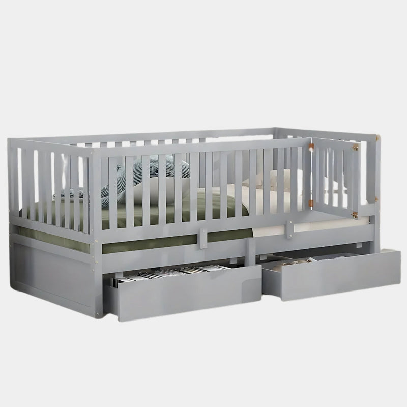 Kids Full Floor Bed with Guardrails and Storage Drawers